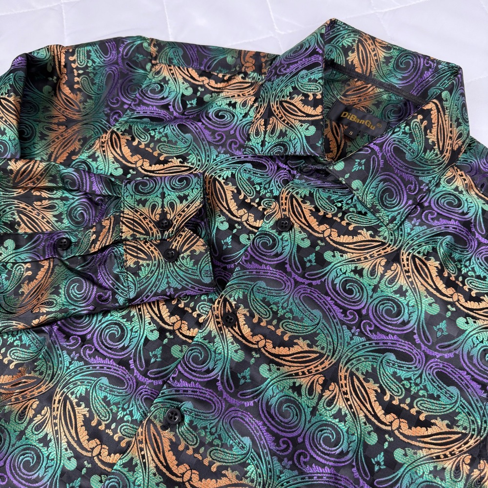 DiBanGu Mens S Silk Blend Paisley Jacquard Button Up Shirt Purple Green Gold